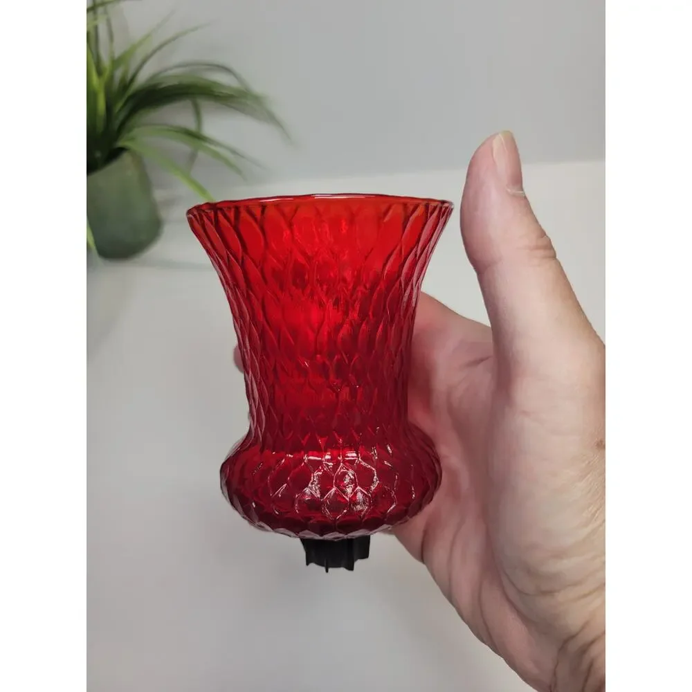 Vintage Homco Ruby Red Diamond Point Quilted Glass Peg Votive Candle Holder Cup